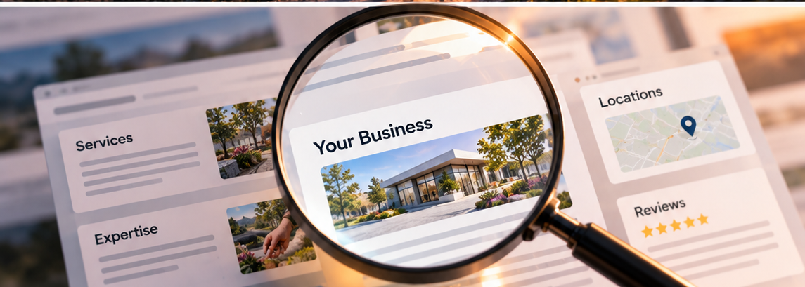 A magnifying glass held over a page of search listings, enlarging one headed Your Business among panels for Services, Expertise, Locations and Reviews