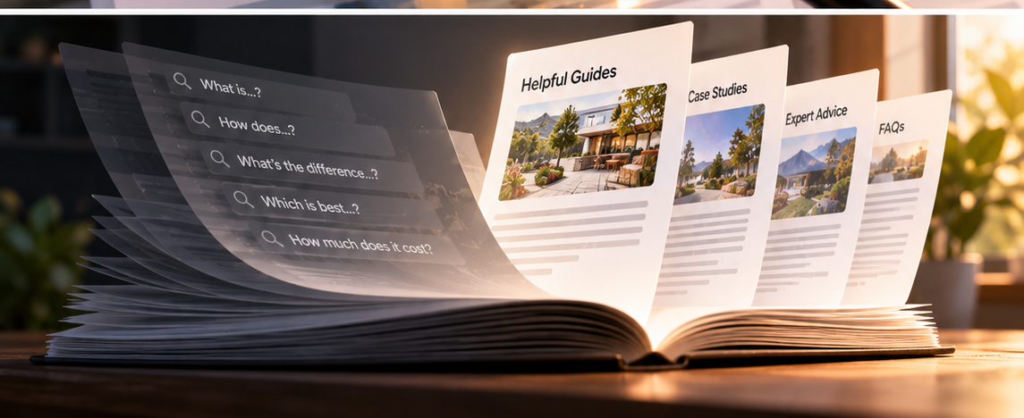 An open book whose left pages carry customer questions such as “What is…?” and “How much does it cost?”, turning into pages headed Helpful Guides, Case Studies, Expert Advice and FAQs