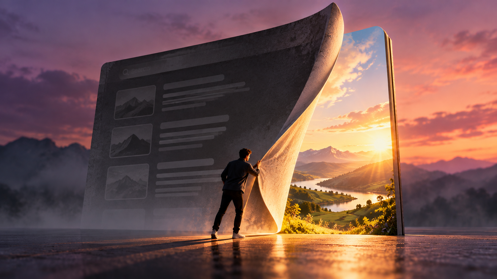 A person peeling back a grey, faded page of search results like a sheet of paper, revealing a sunlit valley and river behind it