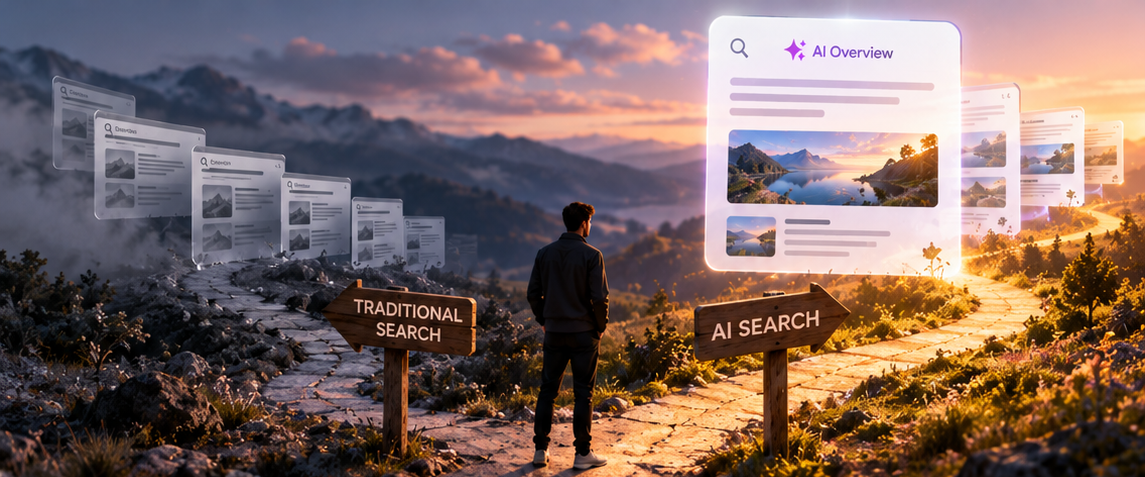 Two paths through a landscape, signposted Traditional Search and AI Search — one leading to a row of plain result windows, the other to a glowing AI Overview panel