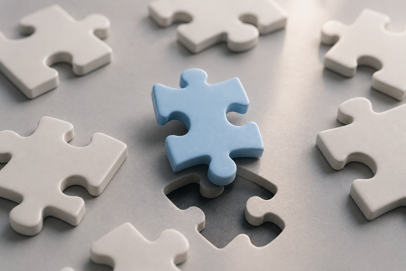 A single blue jigsaw piece resting above the gap it does not sit in, surrounded by plain white pieces