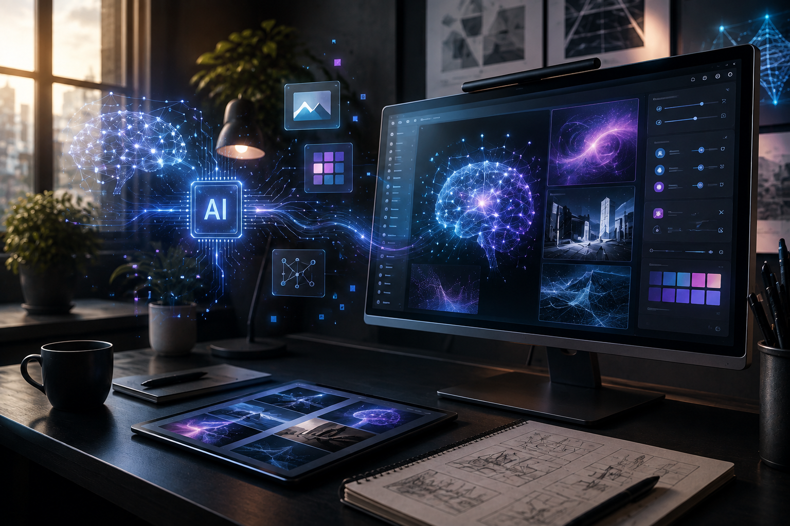 A designer's desk at dusk, a monitor full of generated imagery beside a paper storyboard, with a glowing neural diagram labelled AI floating above the keyboard