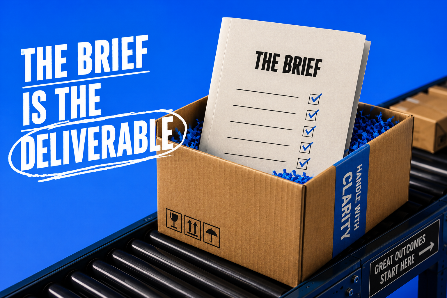 A completed brief standing in a cardboard box on a conveyor belt, the box marked HANDLE WITH CLARITY