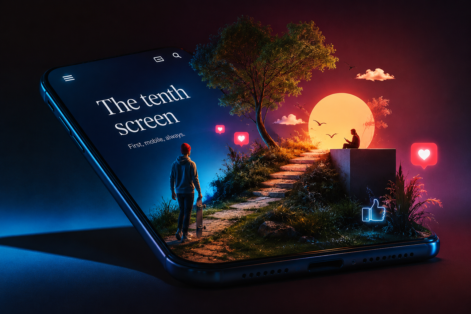A phone lying flat with a whole landscape growing out of its screen — a path, a staircase and a figure walking towards a sunset
