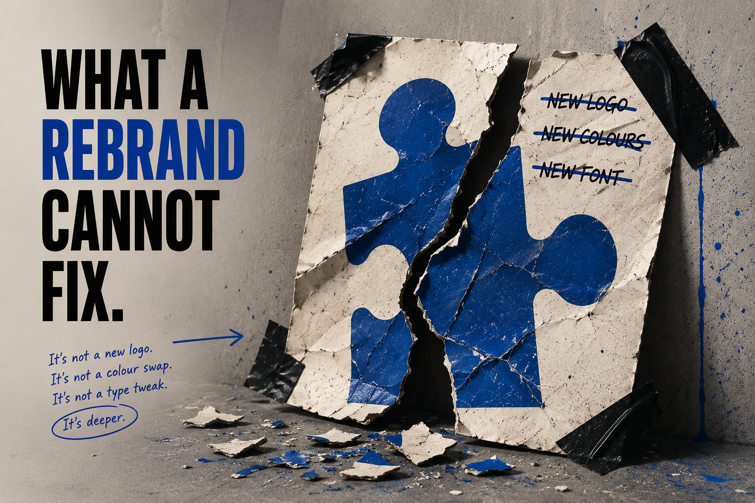 A torn paper poster of a blue puzzle piece taped to a wall, with new logo, new colours and new font each crossed out