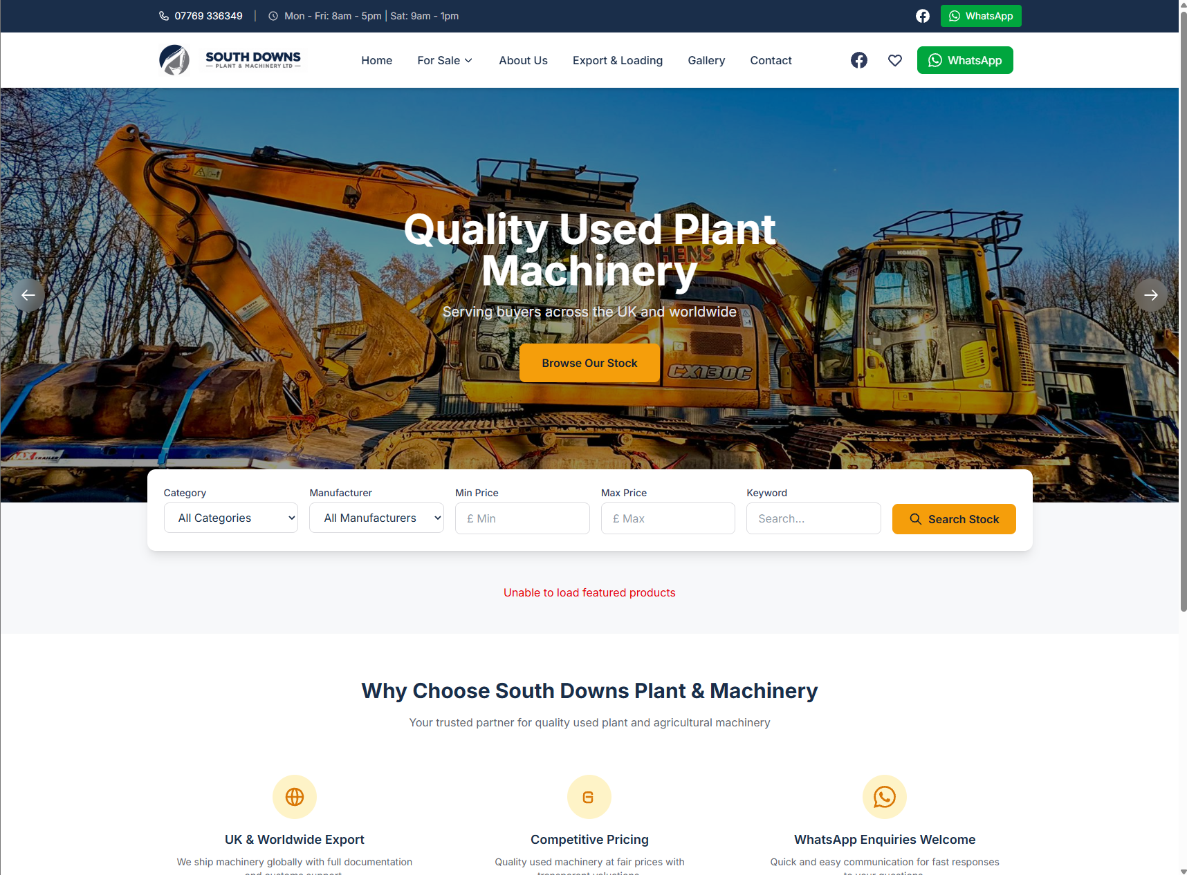 South Downs Plant & Machinery — A searchable stock catalogue and an export enquiry route, for a dealer selling worldwide.
