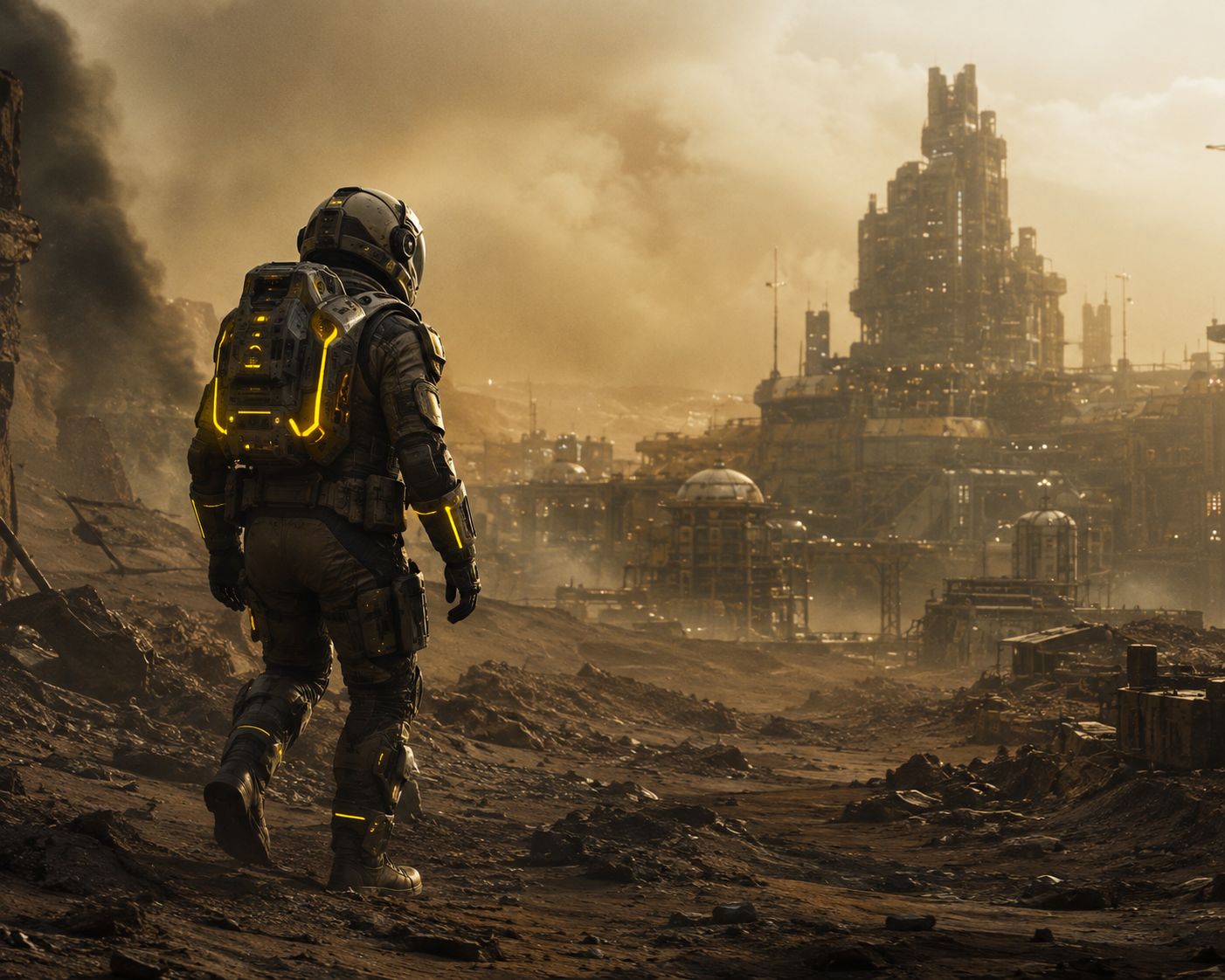 Generated study — a lone figure in an exposure suit walking through dust towards a distant industrial city