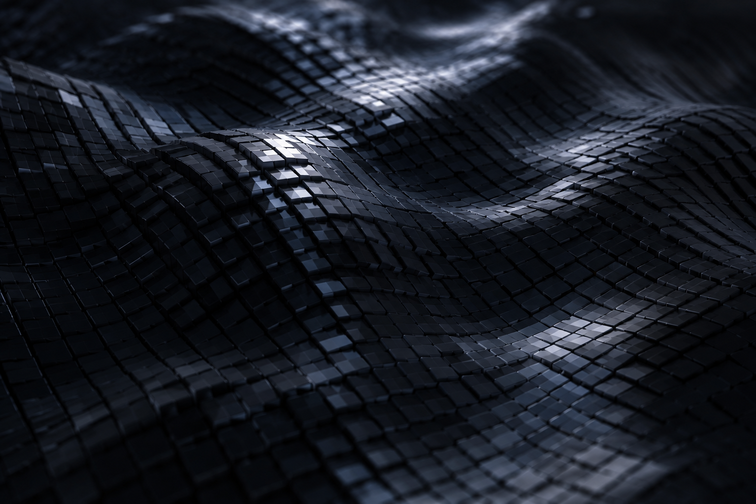 Generated study — a dark field of small tiles rolling in waves, catching a single cold highlight