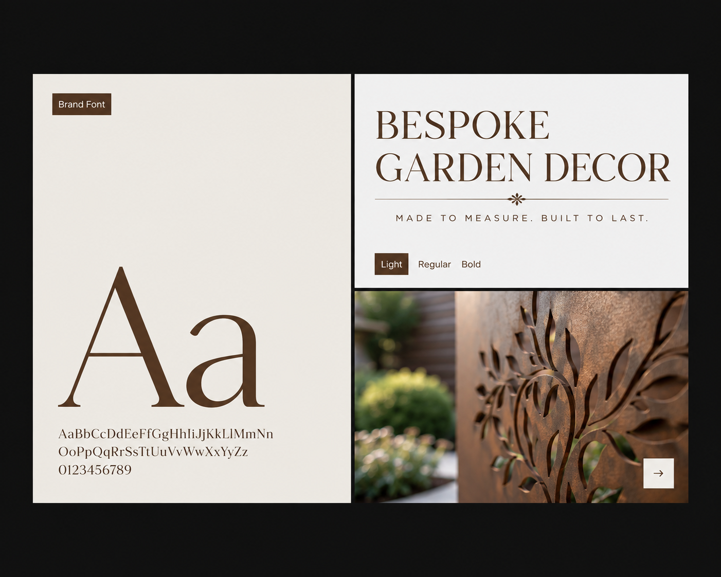 Bespoke Garden Decor — the brand typeface shown as a specimen beside the logotype and its weights
