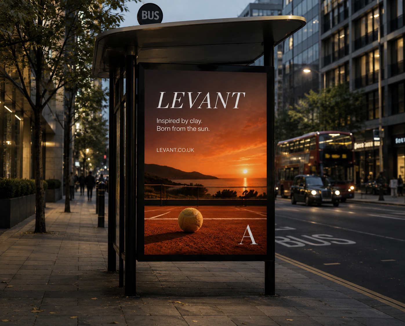 LEVANT — a bus shelter poster at dusk, the wordmark over a sunset court