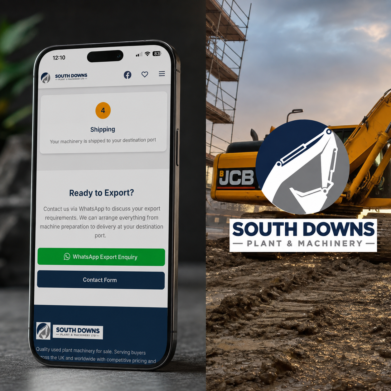 South Downs Plant & Machinery — the export enquiry steps on a phone, beside the company mark over a working excavator