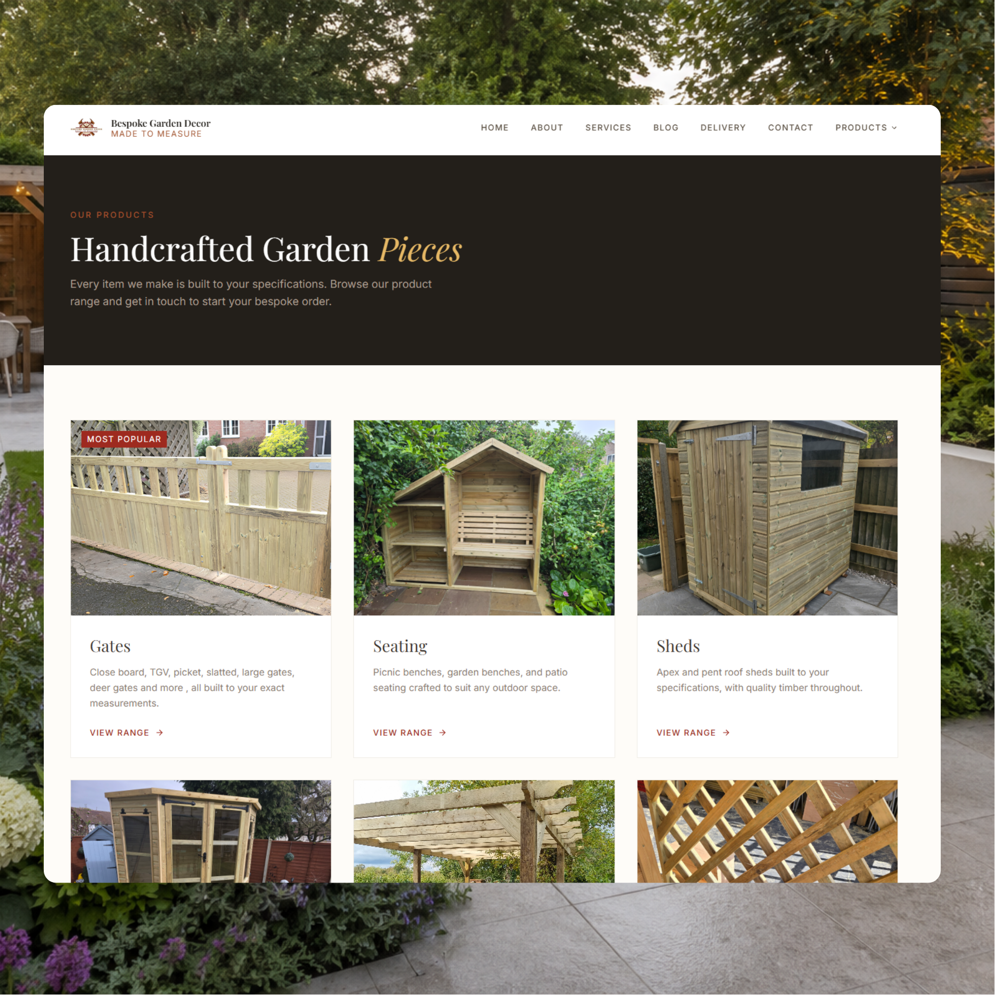 Bespoke Garden Decor — the handcrafted product range, shown over the kind of garden it is built for