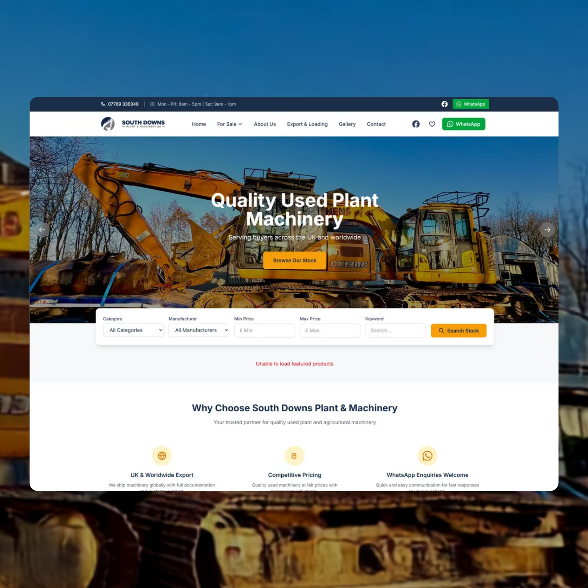South Downs Plant & Machinery — the homepage, its machine search over a working yard