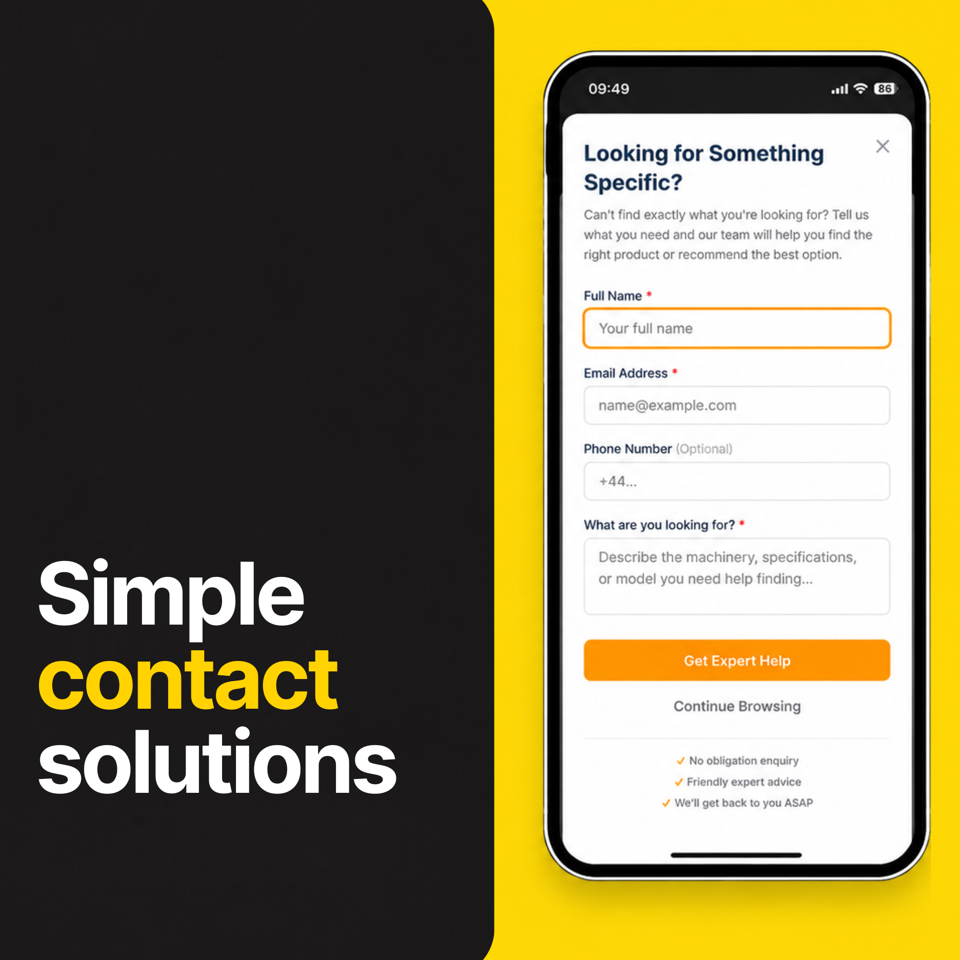 South Downs Plant & Machinery — the export enquiry sheet, its steps in black and yellow