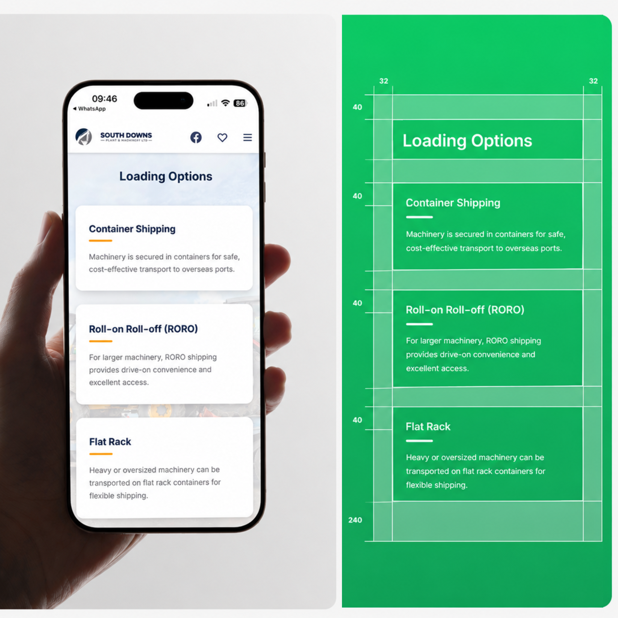 South Downs Plant & Machinery — the loading options screen held on a phone, beside its spacing specification with every gap annotated
