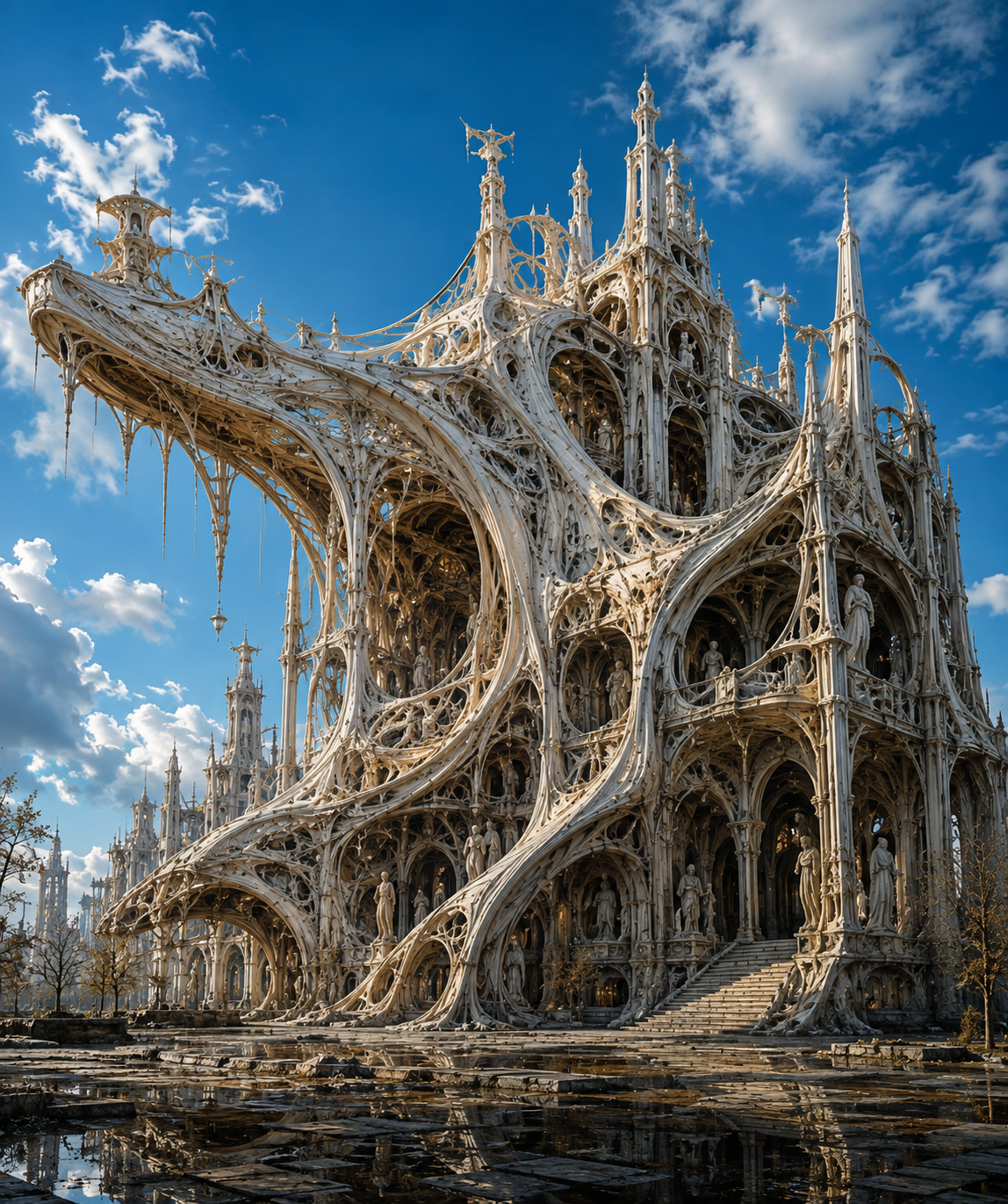 Generated study — a white filigree cathedral of woven tracery and statuary against a bright blue sky