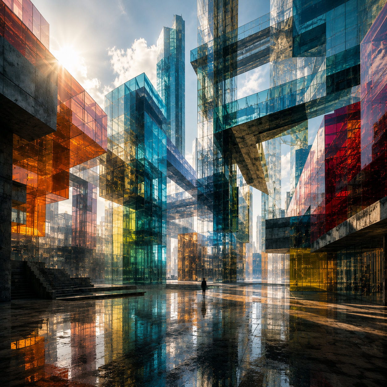 Generated study — a plaza of coloured glass towers and bridges reflected in wet stone, one figure crossing
