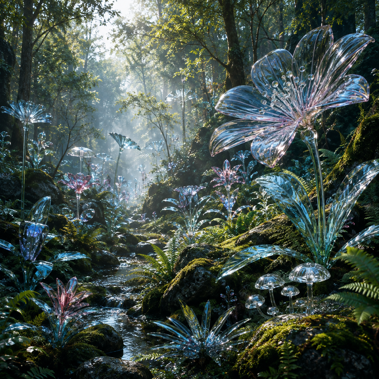 Generated study — a woodland of transparent glass flowers and ferns above a stream, lit through mist