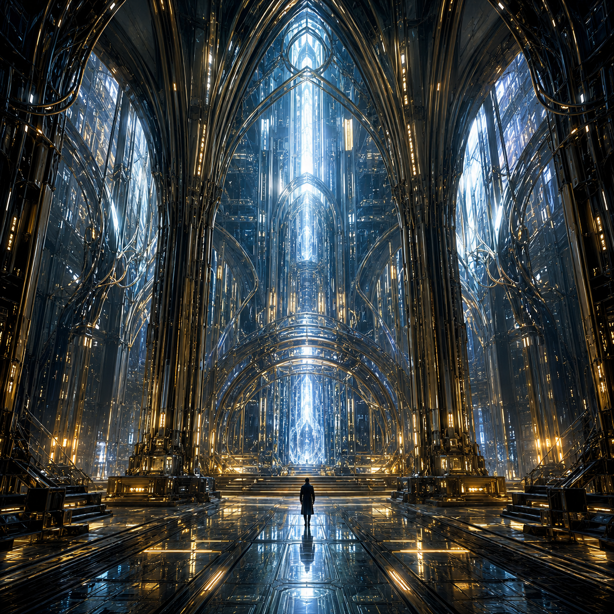 Generated study — a vast glass and gold nave receding to a lit vertical seam, a single figure at the centre