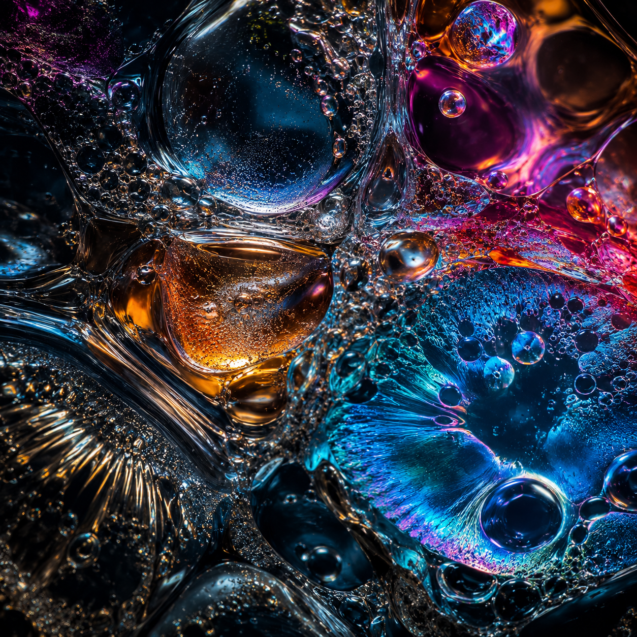 Generated study — a macro of oil and bubbles on water, refracting magenta, amber and cyan against black