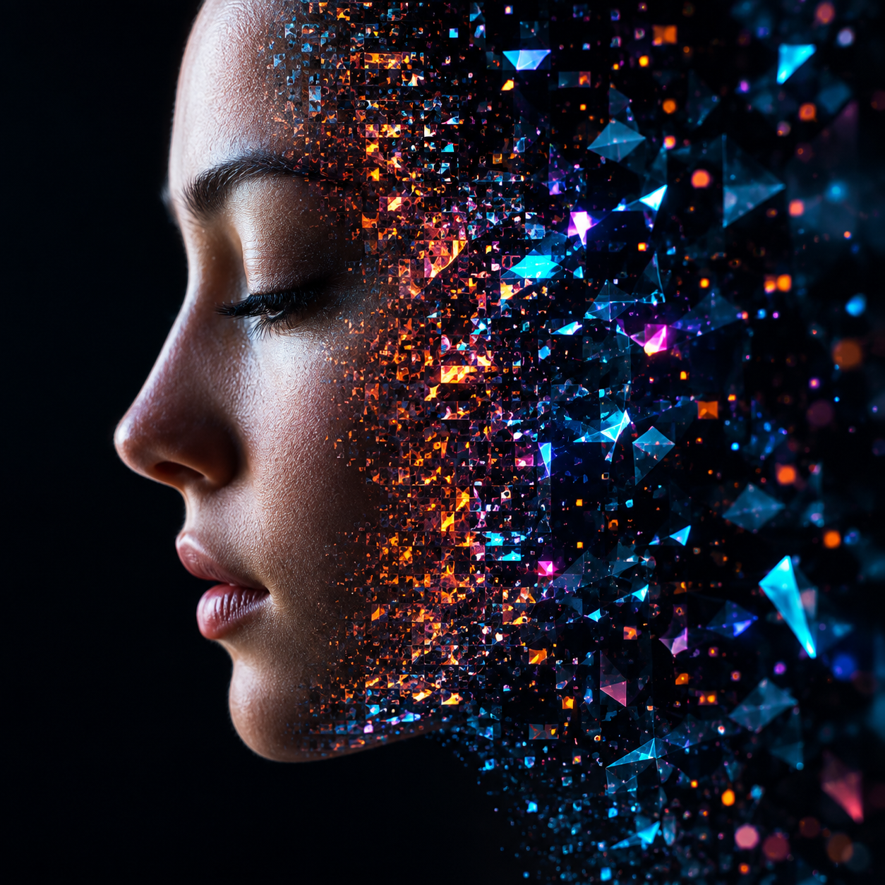 Generated study — a profile in shadow dissolving into orange and cyan shards at the edge of the face