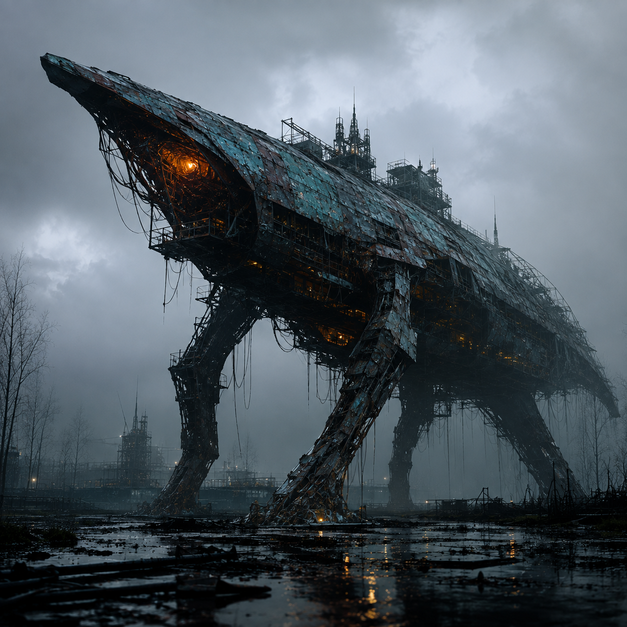 Generated study — a vast four-legged machine built from salvaged plate, one lit eye, standing in rain over flooded ground